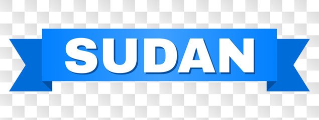 SUDAN text on a ribbon. Designed with white caption and blue tape. Vector banner with SUDAN tag on a transparent background.