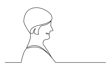 continuous line drawing of isolated on white background profile portrait of smiling senior woman