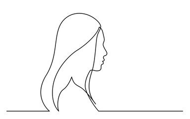continuous line drawing of isolated on white background profile portrait of woman with long hair
