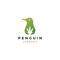penguin cannabis CBD oil hemp leaf logo vector icon illustration