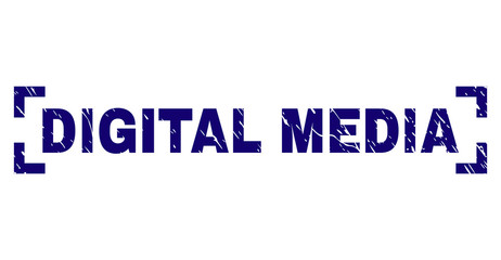 DIGITAL MEDIA tag seal print with corroded texture. Text caption is placed between corners. Blue vector rubber print of DIGITAL MEDIA with grunge texture.