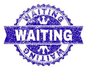 WAITING rosette stamp watermark with distress style. Designed with round rosette, ribbon and small crowns. Blue vector rubber watermark of WAITING label with unclean style.