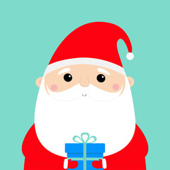 Santa Claus holding gift box. Funny face head. Candy cane. Merry Christmas. New Year. Red hat. Moustaches, beard. Cute cartoon funny kawaii baby character. Flat design. Blue background.