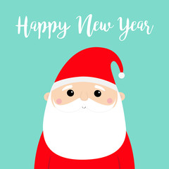 Happy New Year. Santa Claus face head icon. Merry Christmas. Red hat. White moustaches, beard. Cute cartoon funny kawaii baby character. Greeting card. Flat design. Blue background.