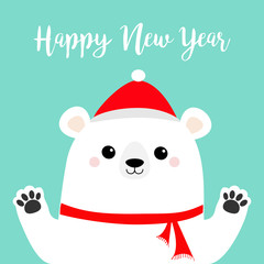 Happy New Year. White polar bear holding hands paw print. Red scarf, hat. Cute cartoon funny kawaii baby character. Merry Christmas. Greeting Card. Flat design. Blue background.