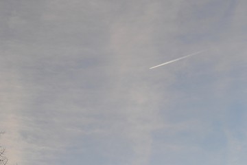 The plane flies in the evening sky