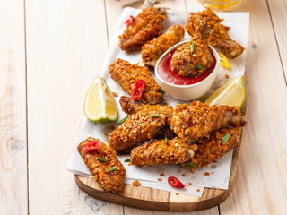 Chicken nuggets with sauce and pepper on a white board. Copy space.