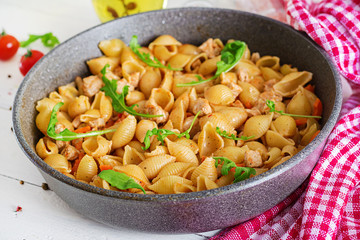 Italian pasta shells with meat and tomato sauce. Conchiglie pasta.