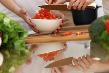Closeup of human hands cooking in kitchen. Mother and daughter or two female friends cutting vegetables for fresh salad. Friendship, family dinner and lifestyle concepts
