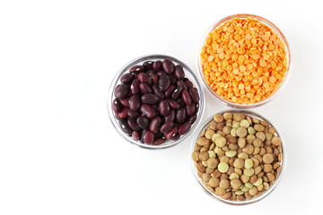 Samples of legumes red beans and lentils