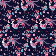 Funny birds with wings in form of paisley and tails in shape of bunch of flowers and butterfliea isolated on dark blue background. Seamless fantasy pattern in ethnic style.