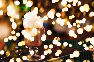 Irish coffee in a bar. Concept of St Patrick holiday. Holiday background