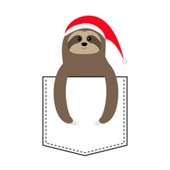 Sloth sitting in the pocket, Red Santa Claus hat. Cute cartoon funny kawaii character. Merry Christmas. Happy New Year. T-shirt, greeting card, poster print. Flat design. White background.