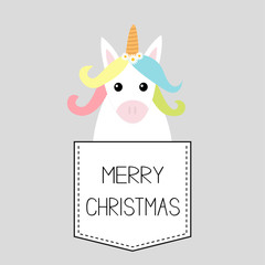 Fototapeta na wymiar Merry Christmas. Unicorn horse sitting in the pocket. Happy New Year. Face and hands. Cute cartoon character. Hello winter. Gray background. Flat design.