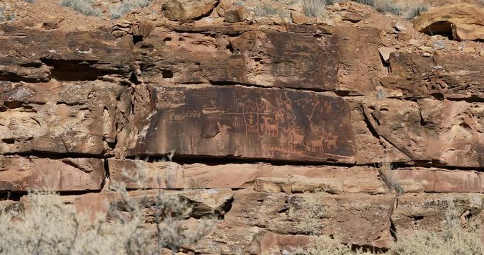 Ancient Native American Indian rock art panel Utah. Nine Mile Canyon, Utah. World’s longest art gallery of ancient native American, Indian rock art, hieroglyphs, pictographs and petroglyphs.