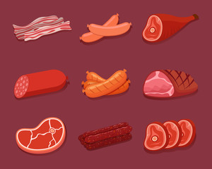 Meat icon set. Various meat products, sausages, bacon and steak. Vector Illustration.