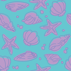 Seamless pattern of seashells and starfishes