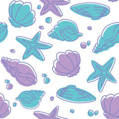 Seamless pattern of seashells and starfishes