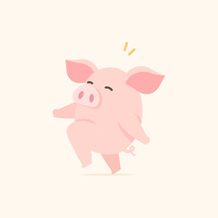Obraz na płótnie Canvas Cute little pig walking jumping happily, cartoon vector illustration.