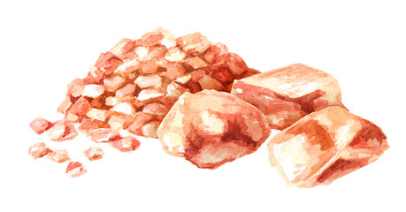 Himalayan  pink salt set. Watercolor hand drawn illustration, isolated on white background - obrazy, fototapety, plakaty
