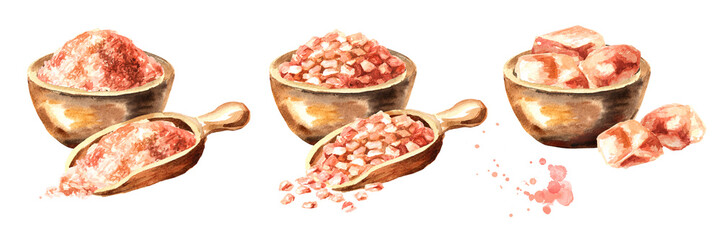 Himalayan pink salt set  Watercolor hand drawn illustration  isolated on white background