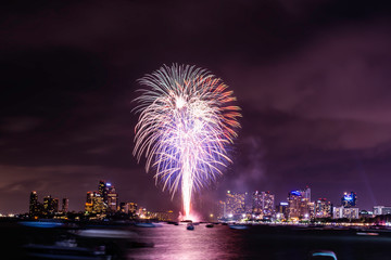 Beautiful fireworks shine on the sea with view of skyscrapers, Night sky with colorful fireworks above seascape, Pattaya, Thailand, Background for new year celebration with colorful fireworks 2019