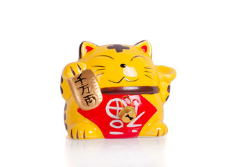 Ceramic doll Japanese welcoming lucky Cat. ( Maneki Neko ):Japanese characters means good luck or fortune