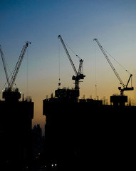 Silhouette of tower cranes at construction site