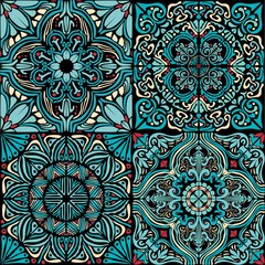 Colorful Moorish tiles.  Set Vintage multi-color painting in Oriental style. Vector seamless pattern.