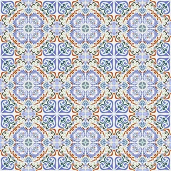 Tile Arabic pattern. Blue, brown, green, colors arabesques. Seamless vector pattern.