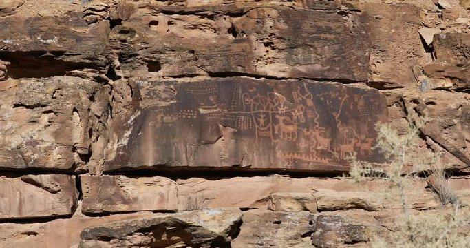 Ancient Native American rock art panel Utah. Nine Mile Canyon, Utah. World’s longest art gallery of ancient native American, Indian rock art, hieroglyphs, pictographs and petroglyphs. 
