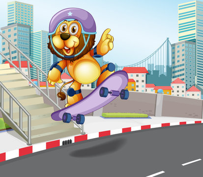 Lion skateboarding in urban city