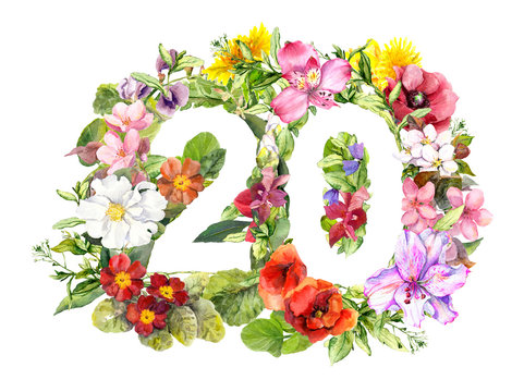 Floral number 20 twenty from wild flowers and meadow grass. Watercolor for birthday card