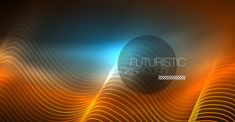 Abstract shiny glowinng color wave design element on dark background - science or technology concept