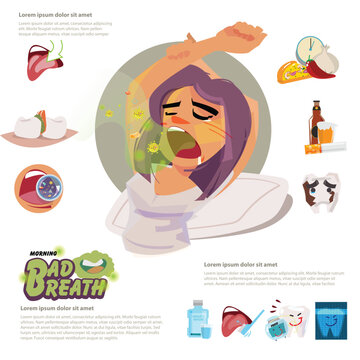 girl waking up with bad breath in the morning. infographaphic elements with typographic - vector