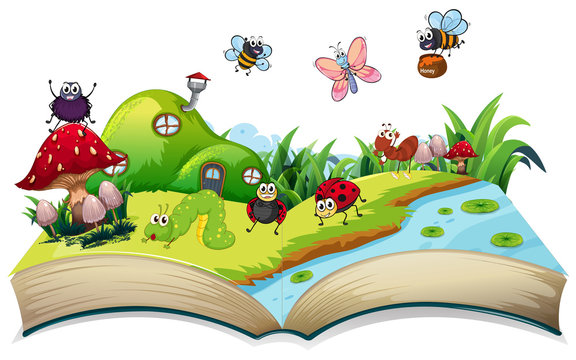 Happy insect on open book