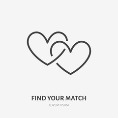 Two connected hearts flat line icon. Vector thin sign of love, dating site logo. Romantic date, valentines day illustration