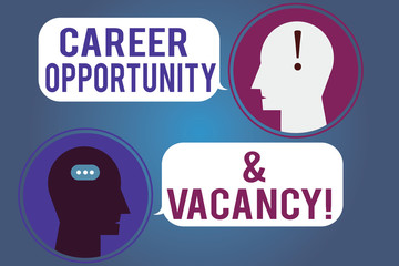 Word writing text Career Opportunity And Vacancy. Business concept for Job searching Huanalysis resources Recruitment Messenger Room with Chat Heads Speech Bubbles Punctuations Mark icon