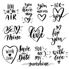 Vector set of hand lettering with love motivational phrases. Calligraphy inspirational quotes collection for valentine's day. - obrazy, fototapety, plakaty