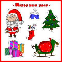 Christmas cute set with santa, christmas tree, mittens, presents, sleigh and socks. Beautiful christmas elements for your design.