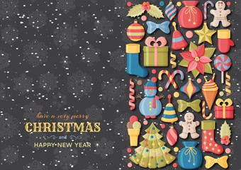 Christmas background with 3d paper cut signs. Cute kids toys and accessories. Snowfall at the back. New Year greeting card or banner concept