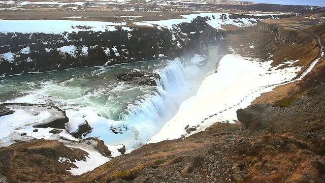 Gullfoss waterfall view and winter Landscape picture in the winter season, Gullfoss is one of the most popular waterfalls in Iceland and tourist attractions in the canyon of the Hvita river Iceland