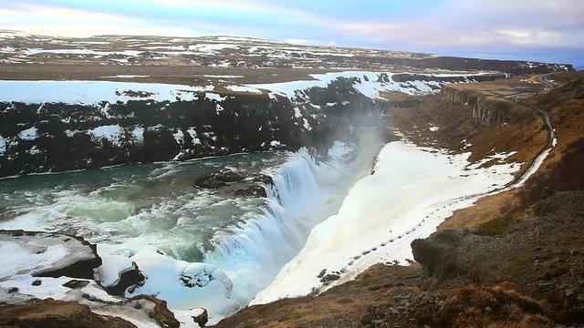Gullfoss waterfall view and winter Landscape picture in the winter season, Gullfoss is one of the most popular waterfalls in Iceland and tourist attractions in the canyon of the Hvita river Iceland
