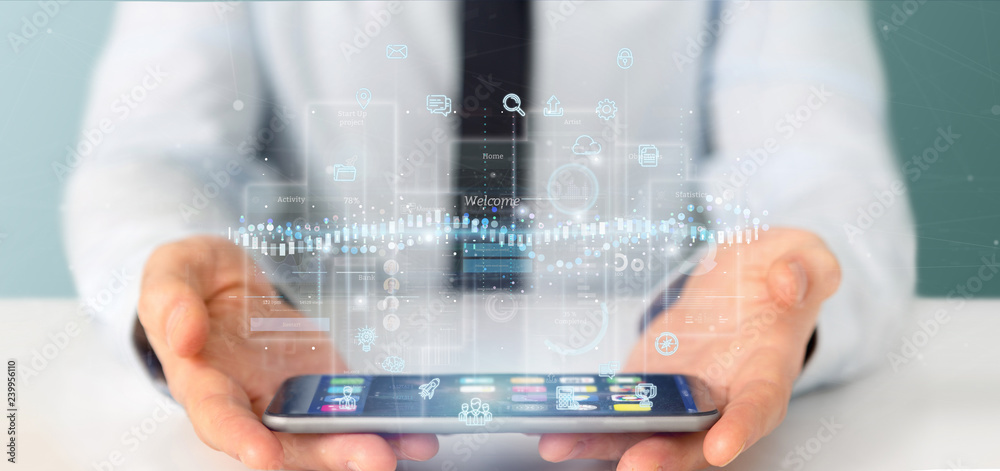 Poster businessman holding user interface screens with icon, stats and data 3d rendering