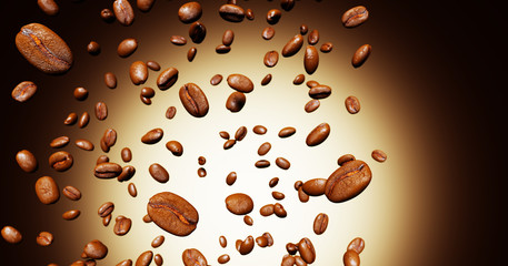 Steaming of coffee  beans on a beautiful brown background. 3d illustration