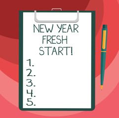 Text sign showing New Year Fresh Start. Conceptual photo Motivation inspiration 365 days full of opportunities Blank Sheet of Bond Paper on Clipboard with Click Ballpoint Pen Text Space