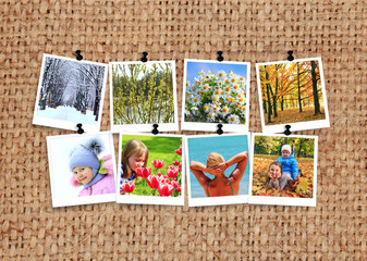 Photos of four seasons on sacking. Photograph of seasons with people on fabric