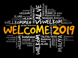 WELCOME 2019 word cloud in different languages, conceptual background
