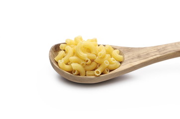 Macaroni pasta with wooden spoon isolated on white background