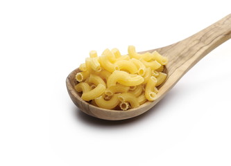 Macaroni pasta with wooden spoon isolated on white background